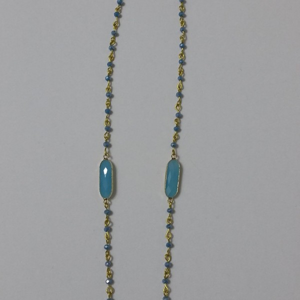 ΚΜΠ028-Κολιέ με 3  πέτρες aqua marine δεμένες σε  χειροποίητο ροζάριο από ορείχαλκο-25ευρώ