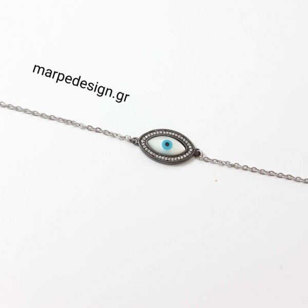 ΒΜΠ406-Βραχιόλι μάτι με μαργαριτάρι και μαύρο περίγραμμα ,ζιργκόν και ατσάλινη αλυσίδα ασημί 17 ευρώ